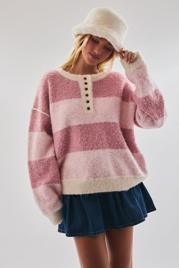 Le Lis Pink Long Sleeve Knit Henley Sweater Top