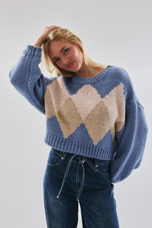 Le Lis Blue Diamond Round Neck Crop Sweater Top