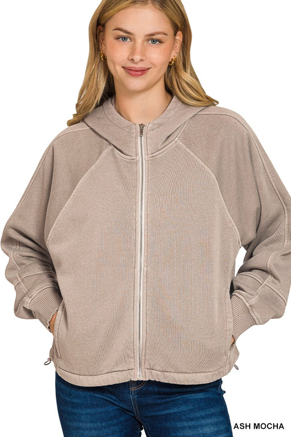 Ash Mocha Fleece Pigment Dye Zip Up Hoodie