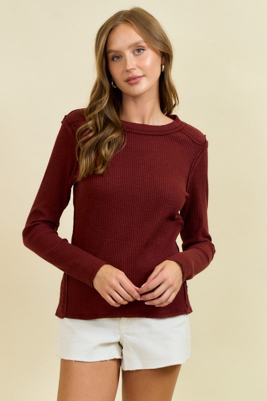 Crimson Western Yoke Ribbed Long Sleeve Tee