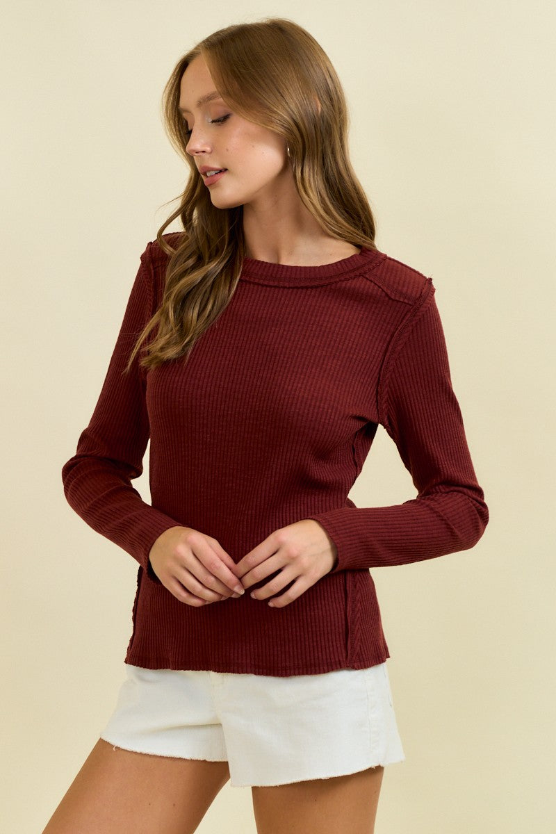 Crimson Western Yoke Ribbed Long Sleeve Tee