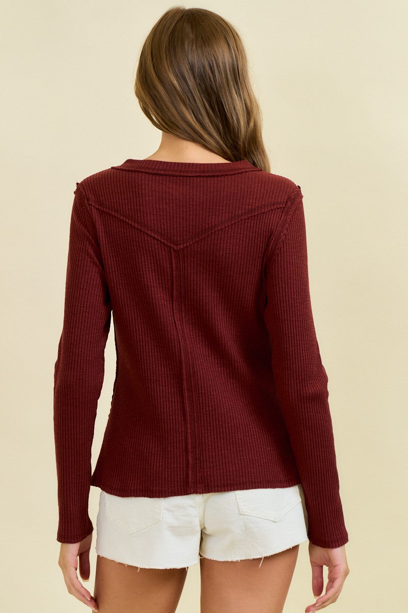 Crimson Western Yoke Ribbed Long Sleeve Tee