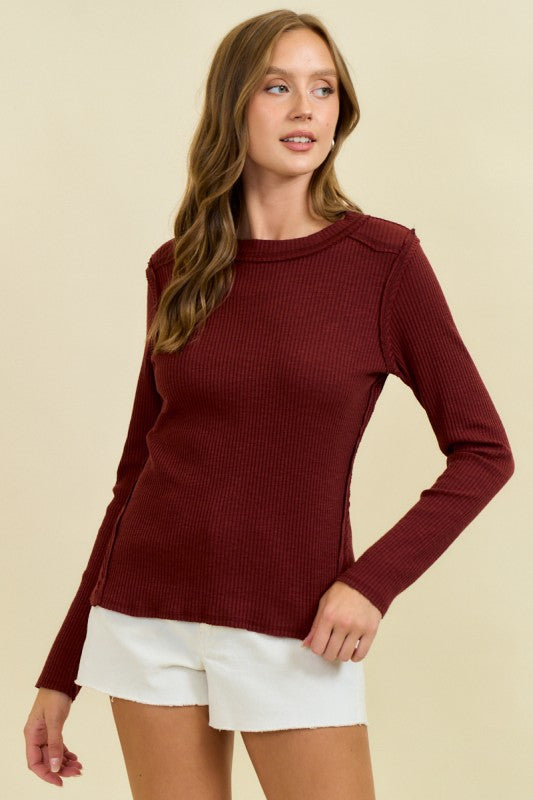 Crimson Western Yoke Ribbed Long Sleeve Tee