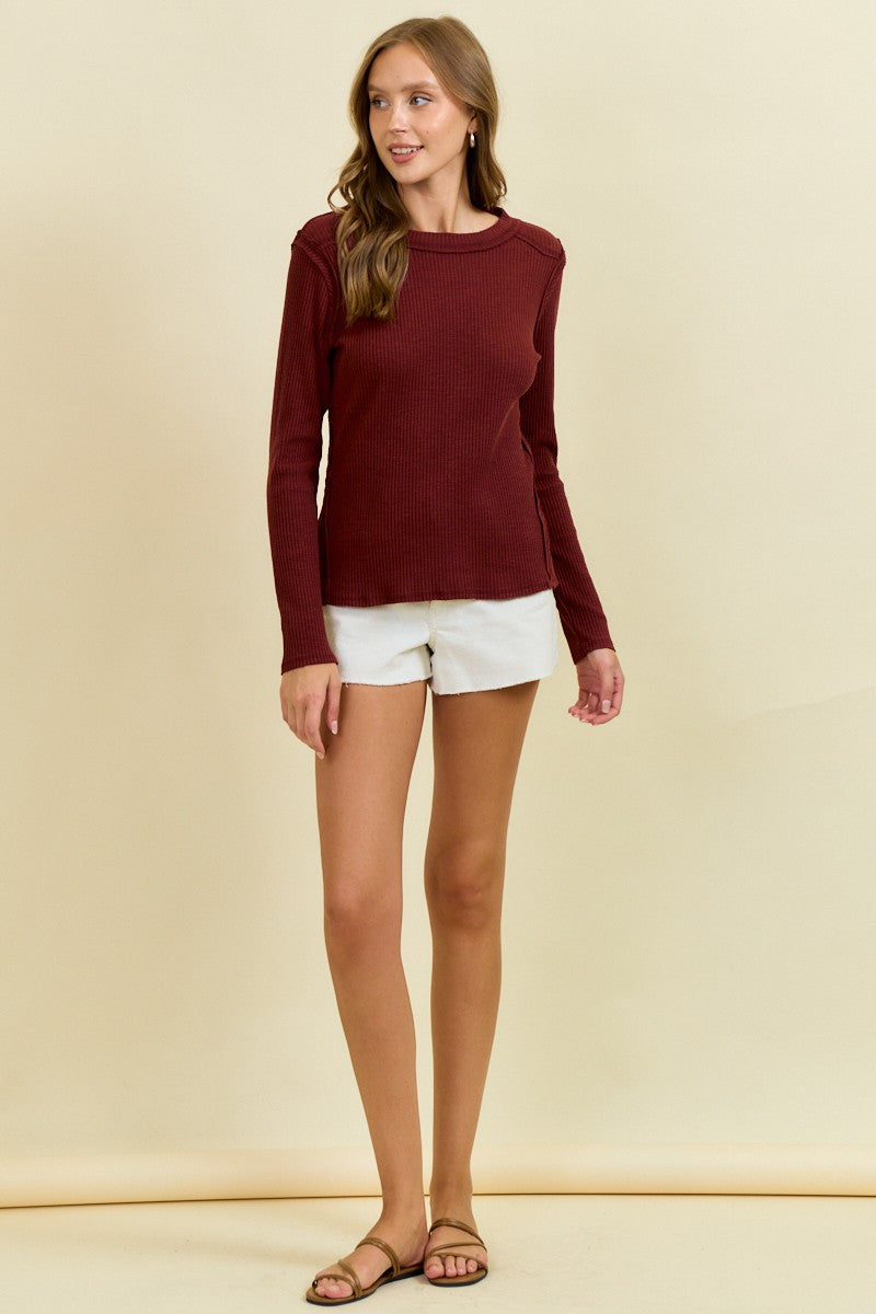 Crimson Western Yoke Ribbed Long Sleeve Tee
