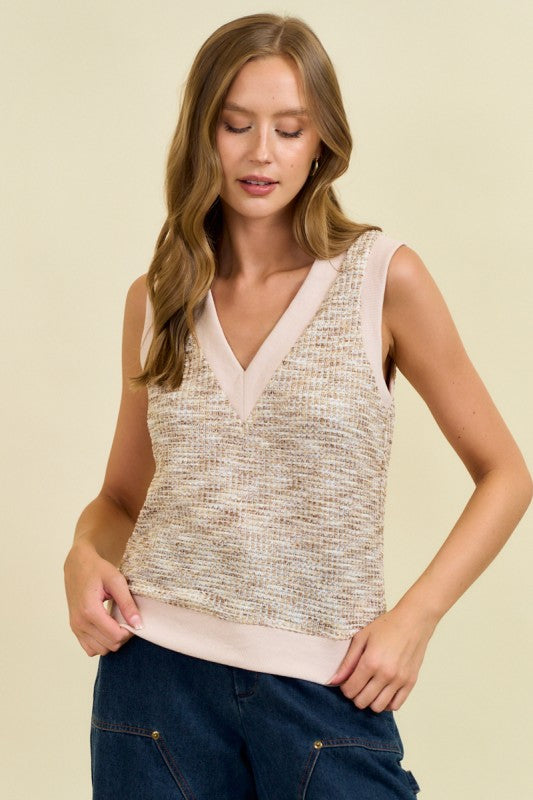 Brown And Beige Embo Knit V-neck Vest Top