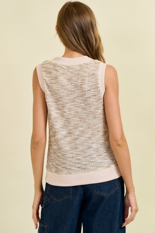 Brown And Beige Embo Knit V-neck Vest Top