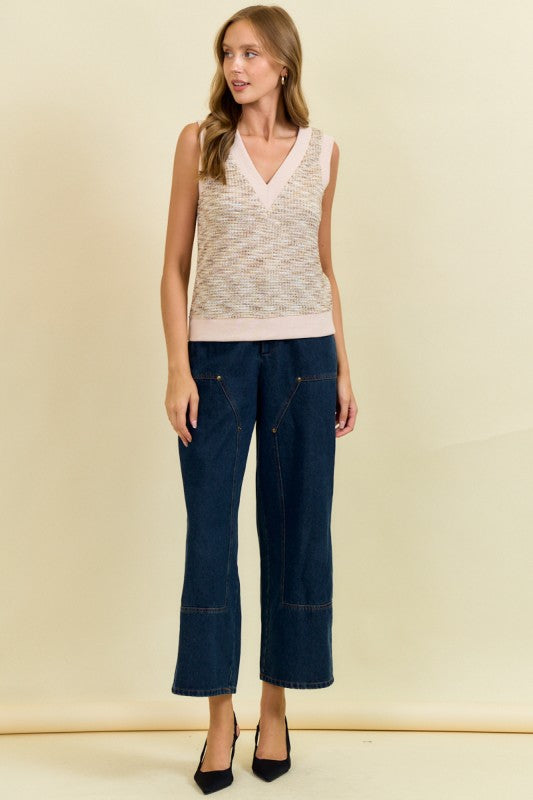 Brown And Beige Embo Knit V-neck Vest Top