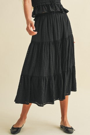 Black Smocked Waist Tiered Skirt