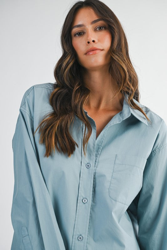Mable Denim Blue Oversized Poplin Button Down Shirt