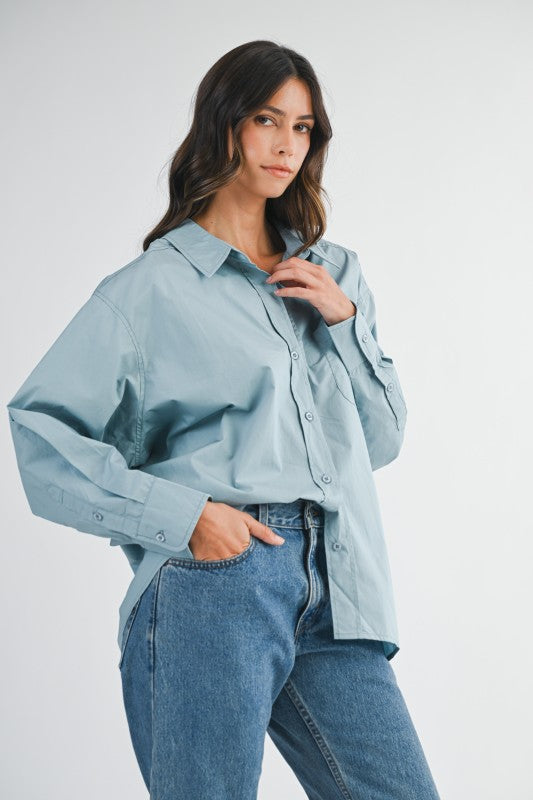 Mable Denim Blue Oversized Poplin Button Down Shirt