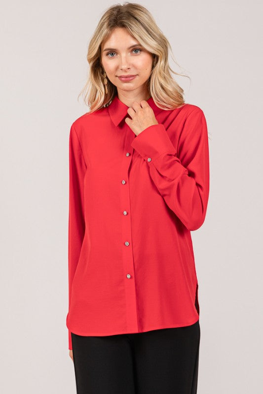 Red Textured Crepe Rhinestone Button Dress Shirt