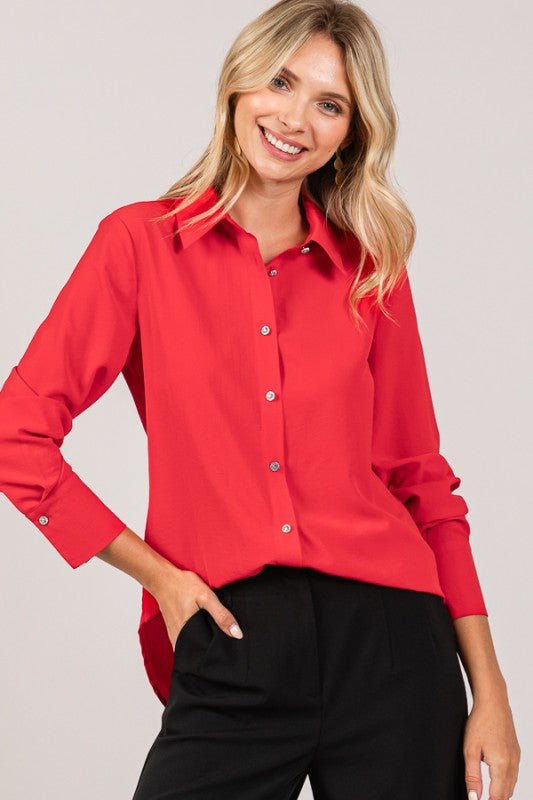 Red Textured Crepe Rhinestone Button Dress Shirt