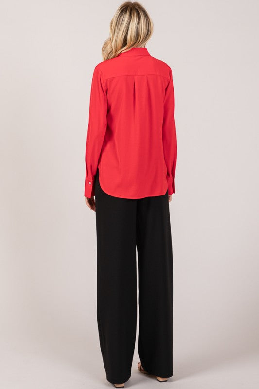 Red Textured Crepe Rhinestone Button Dress Shirt
