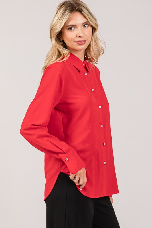 Red Textured Crepe Rhinestone Button Dress Shirt