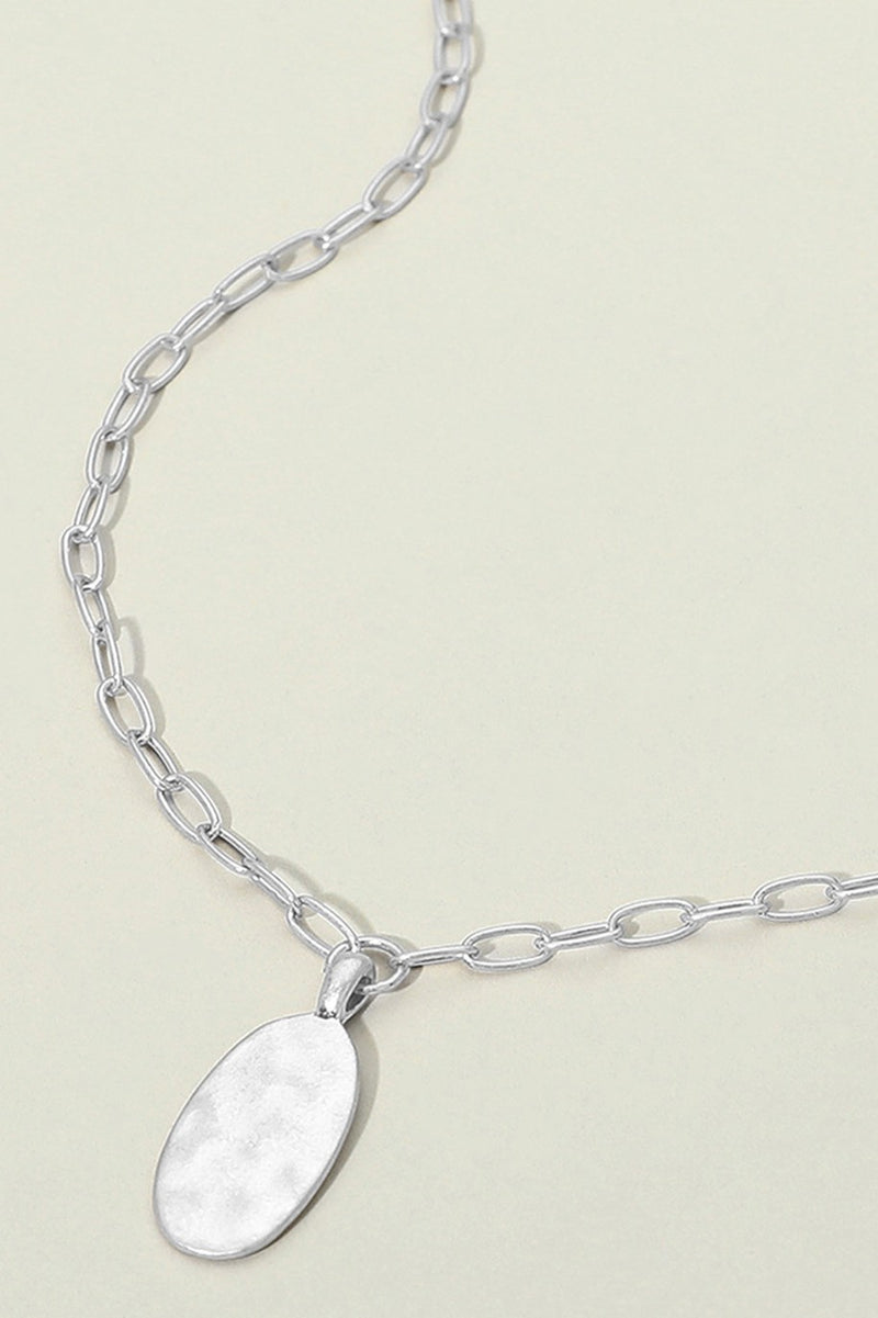 Silver Hammered Metal Oval Pendant Paperlink Necklace