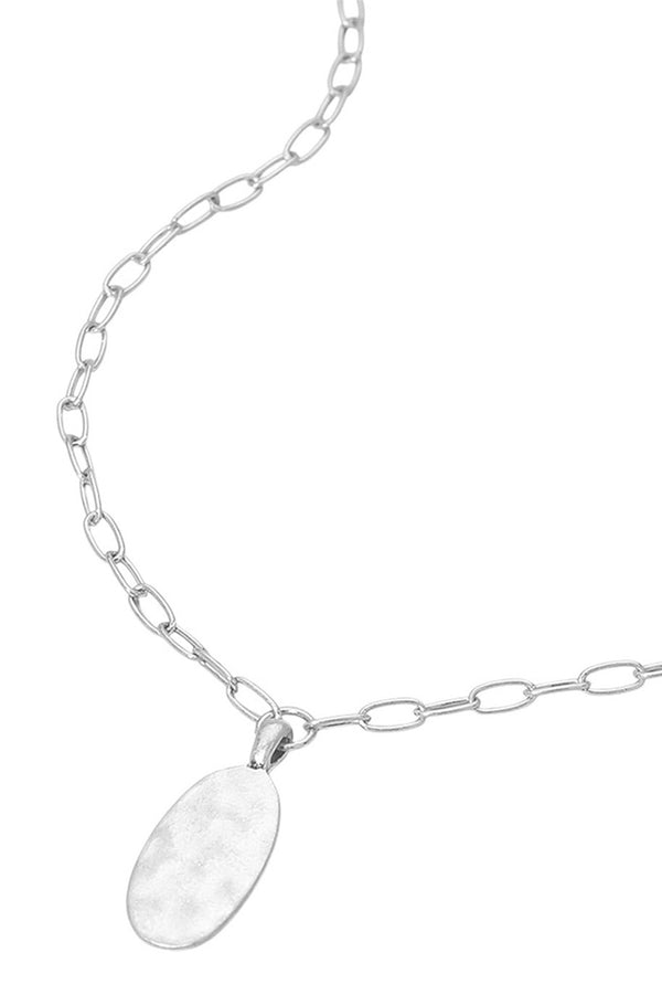 Silver Hammered Metal Oval Pendant Paperlink Necklace