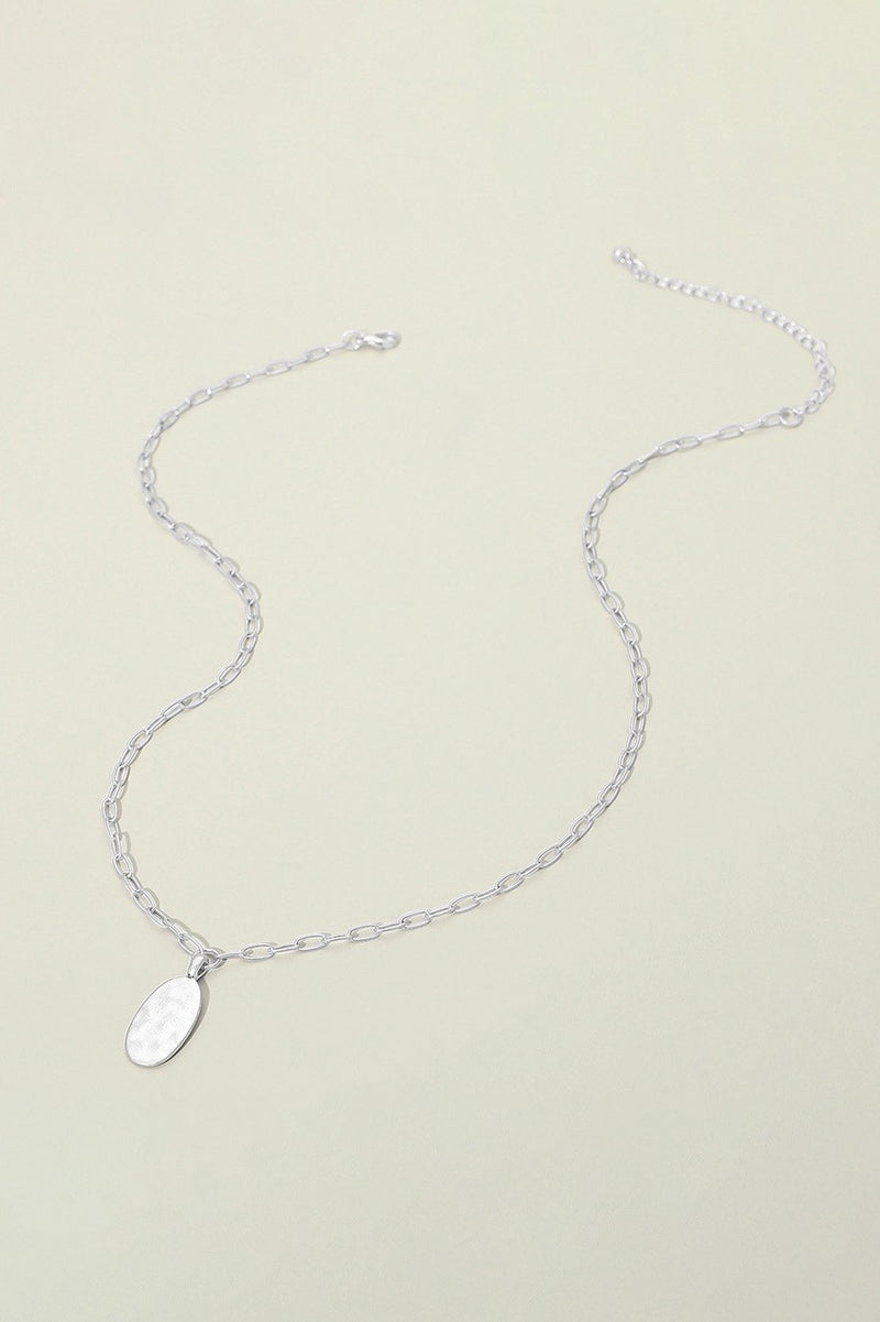 Silver Hammered Metal Oval Pendant Paperlink Necklace