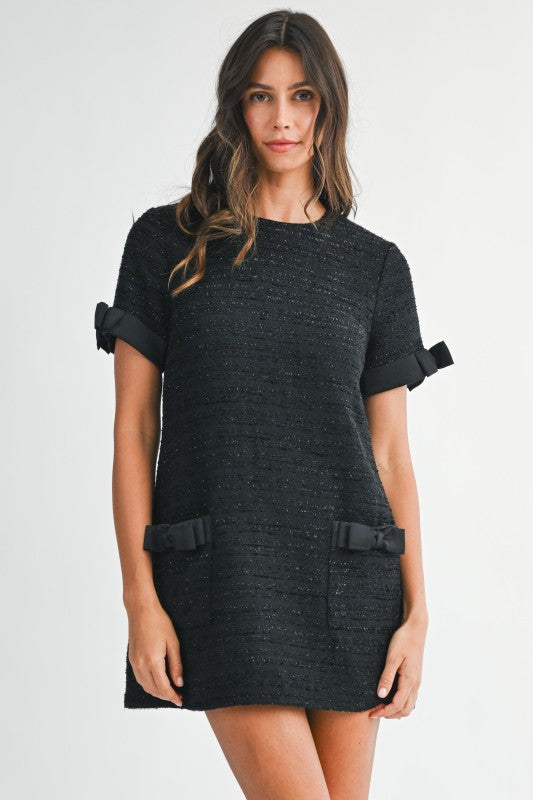Black Tweed Short Sleeve Mini Dress With Bow Embellished