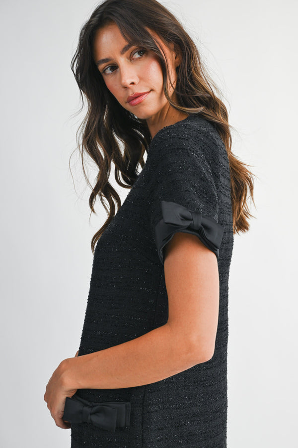 Black Tweed Short Sleeve Mini Dress With Bow Embellished