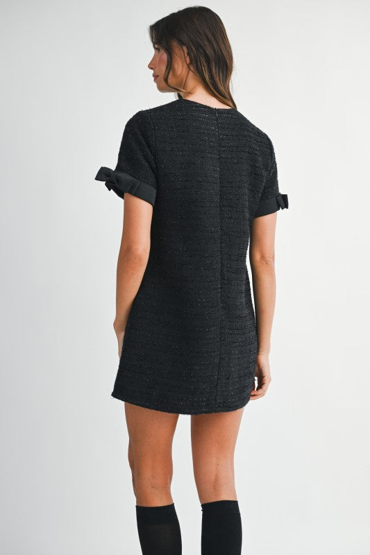 Black Tweed Short Sleeve Mini Dress With Bow Embellished
