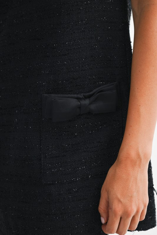 Black Tweed Short Sleeve Mini Dress With Bow Embellished