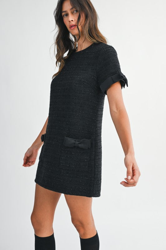 Black Tweed Short Sleeve Mini Dress With Bow Embellished