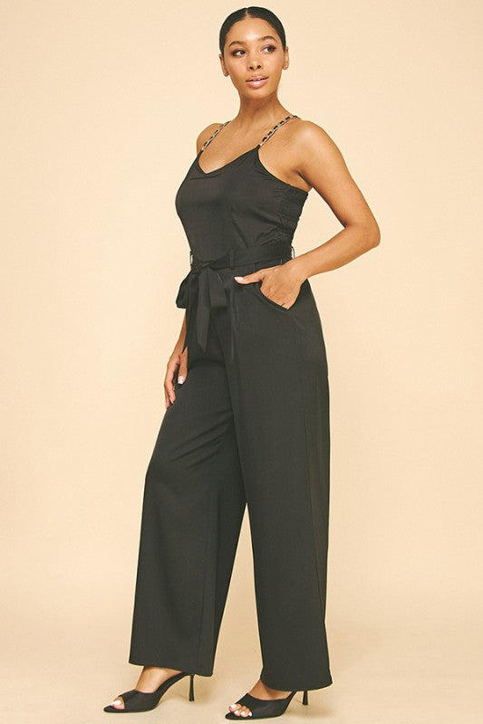 Black Satin Gold Chain Strap Smocked Front Tie Jumpsuit
