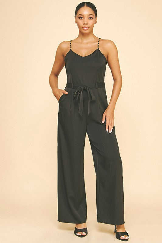 Black Satin Gold Chain Strap Smocked Front Tie Jumpsuit