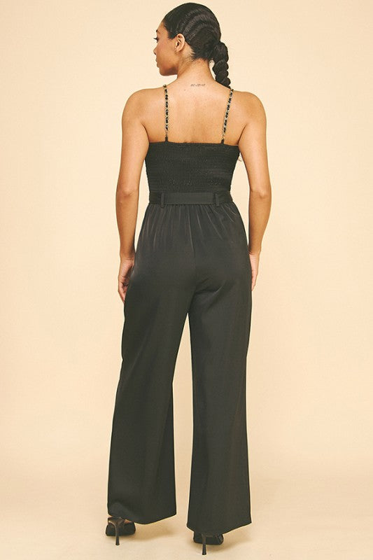 Black Satin Gold Chain Strap Smocked Front Tie Jumpsuit