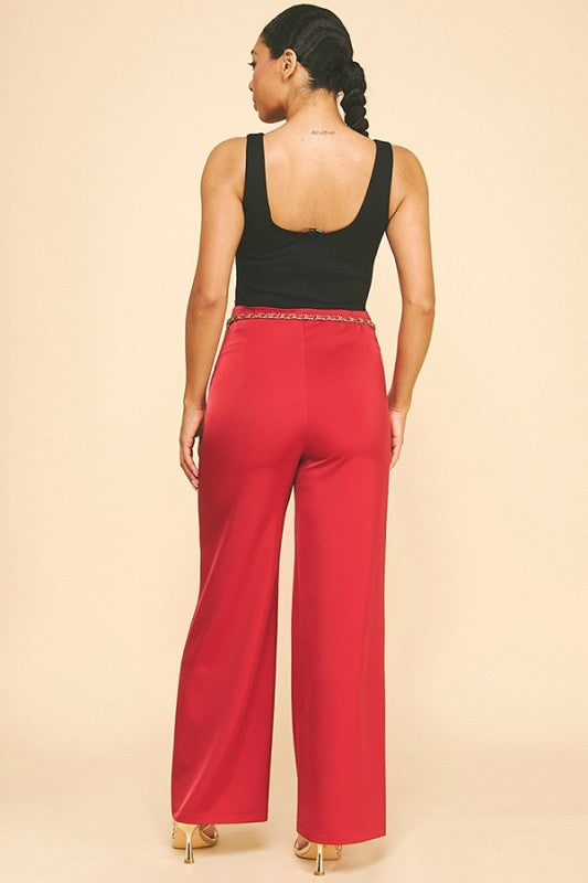 Satin Raspberry Gold Chain Belted Darted Pants