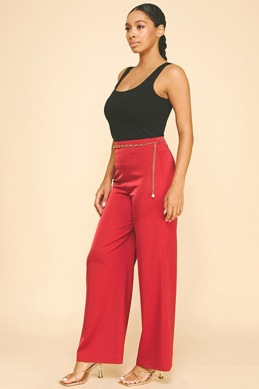 Satin Raspberry Gold Chain Belted Darted Pants