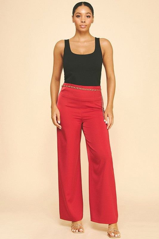 Satin Raspberry Gold Chain Belted Darted Pants