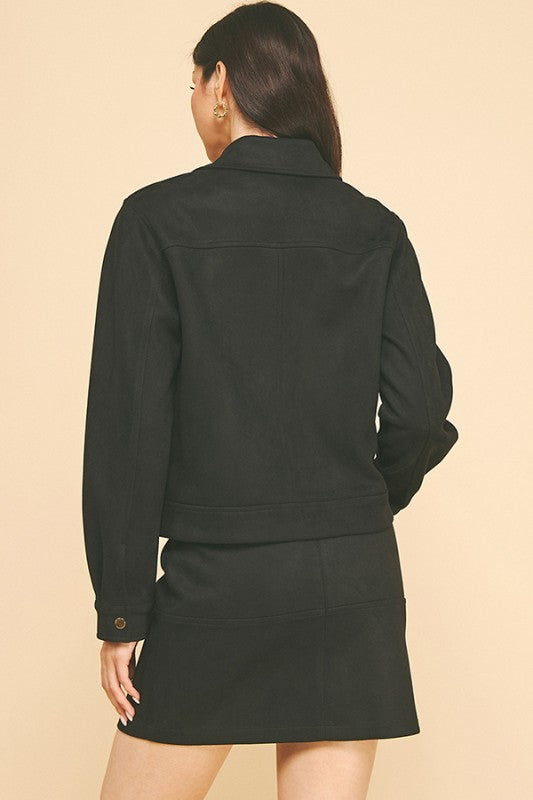 Black Suede Gold Trim Breast Pocketed Shacket