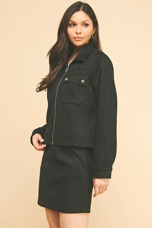 Black Suede Gold Trim Breast Pocketed Shacket