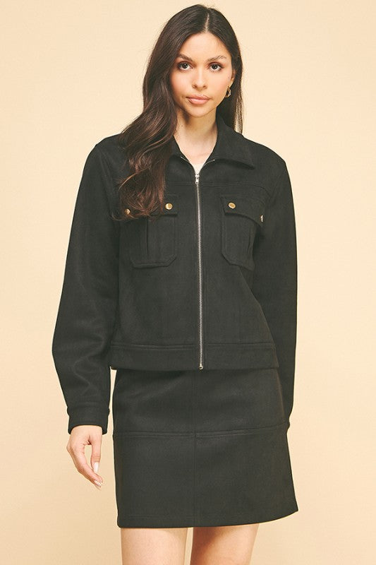 Black Suede Gold Trim Breast Pocketed Shacket