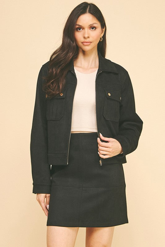 Black Suede Gold Trim Breast Pocketed Shacket