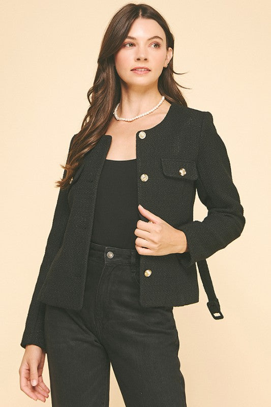 Black Tweed Belted Collarless Blazer Jacket