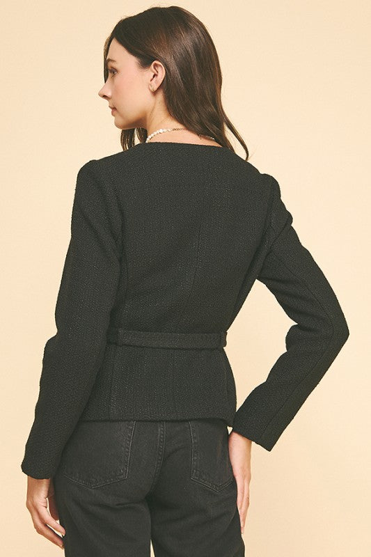 Black Tweed Belted Collarless Blazer Jacket