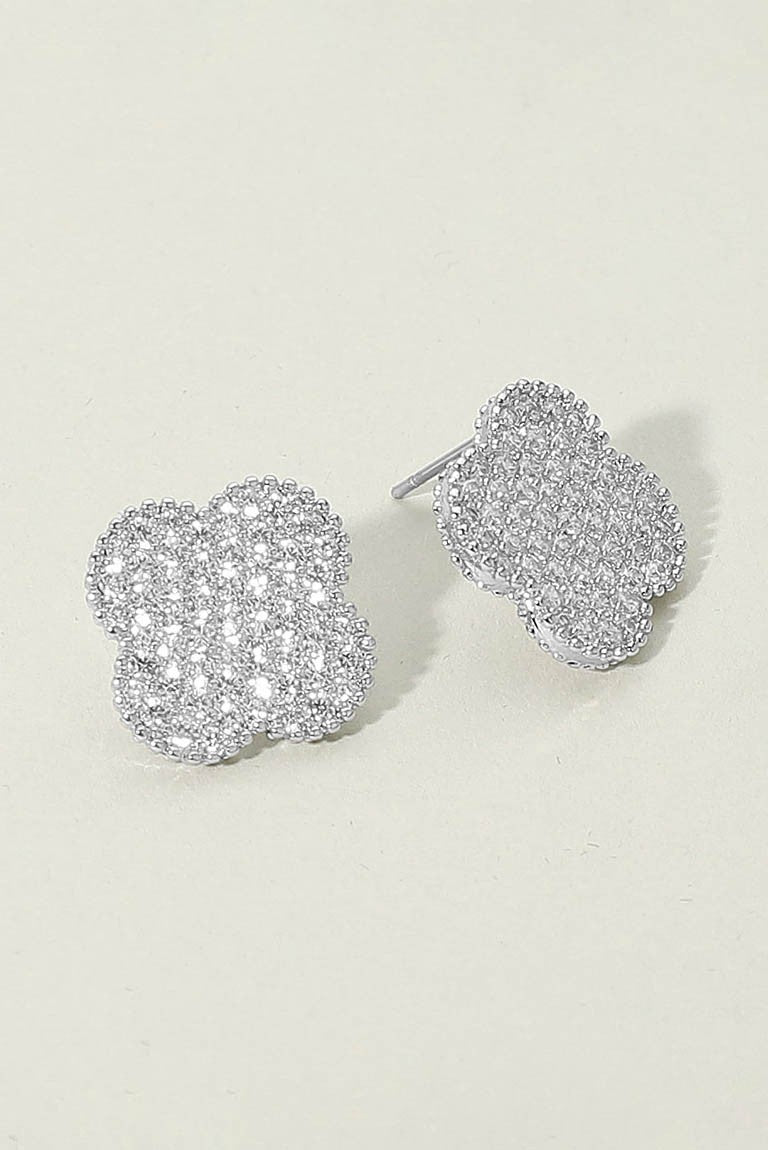 14k Gold Cz Stone Paved Quatrefoil Stud Earrings