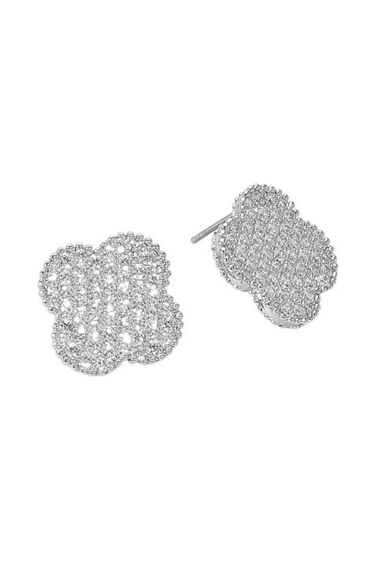 14k Gold Cz Stone Paved Quatrefoil Stud Earrings