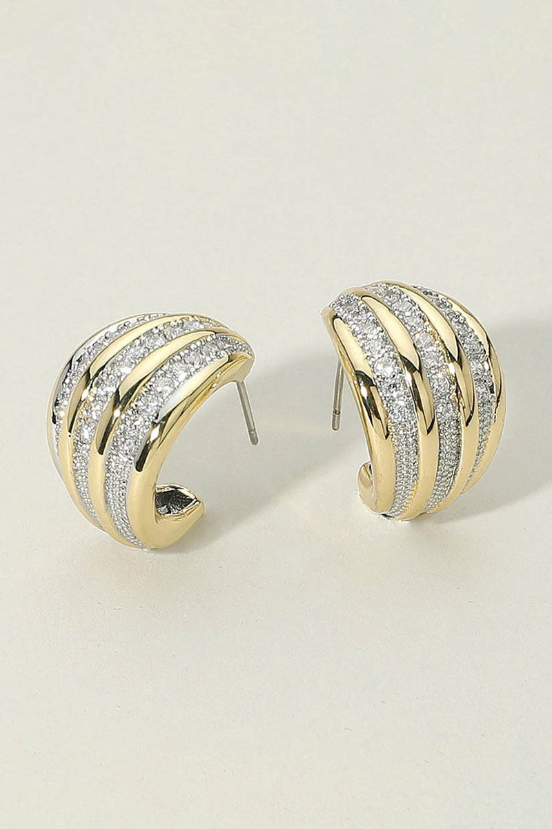 14k Gold Cz Paved Striped Dome Mini Hoop Earrings