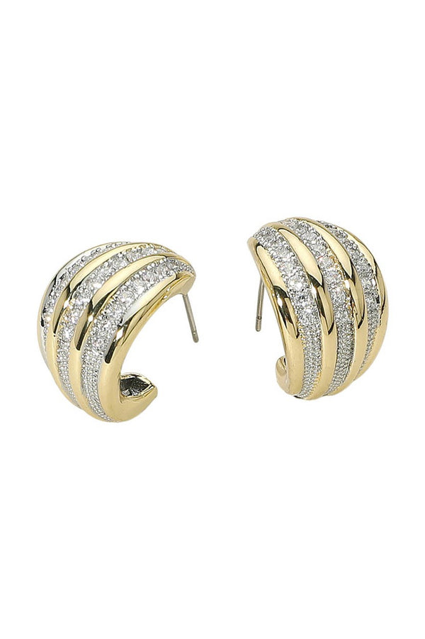 14k Gold Cz Paved Striped Dome Mini Hoop Earrings