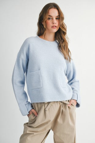 Mable Crew Neck Knit Pullover Sweater With Front Pocket