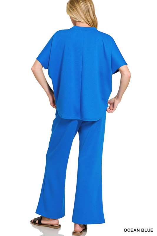 PINK FRIDAY SET Ocean Blue Scuba Curbed Hem Top & Pants Set