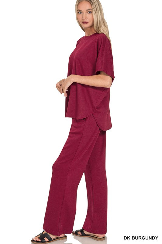 PINK FRIDAY SET Cabernet Scuba Curbed Hem Top & Pants Set