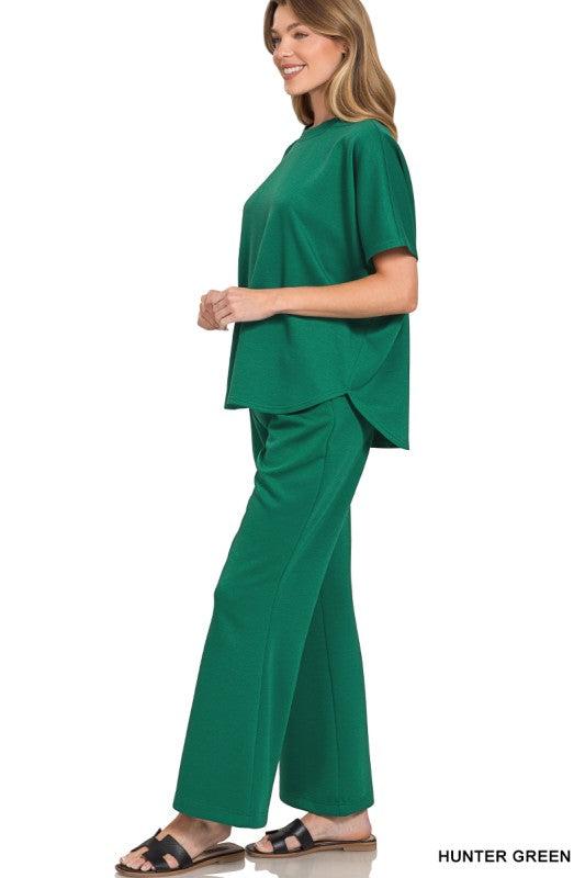 PINK FRIDAY SET Hunter Green Scuba Curbed Hem Top & Pants Set