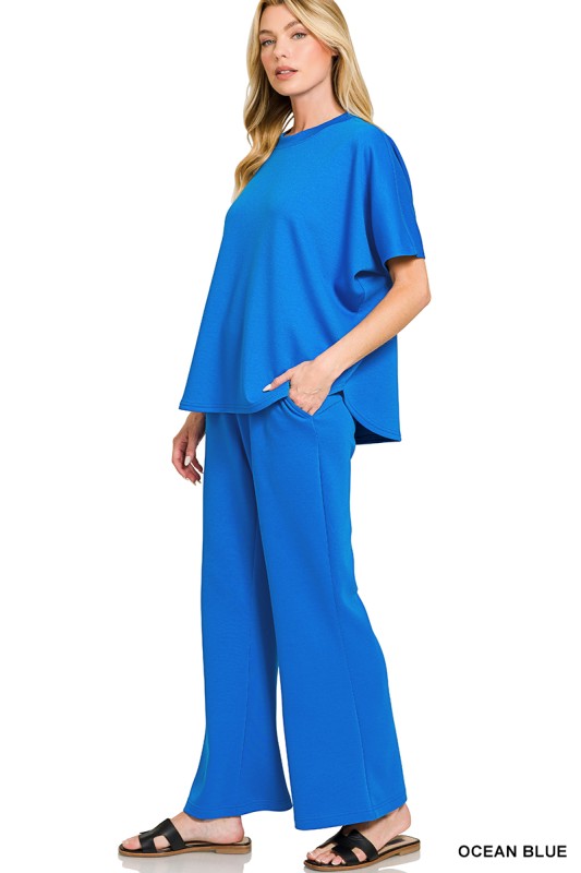 PINK FRIDAY SET Ocean Blue Scuba Curbed Hem Top & Pants Set