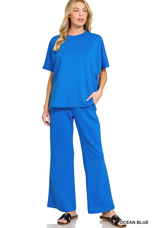 PINK FRIDAY SET Ocean Blue Scuba Curbed Hem Top & Pants Set
