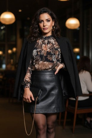 Mock Neck Floral Print Mesh Top