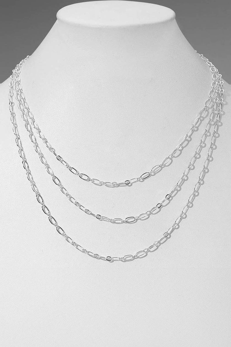 Silver Triple Layered Oval Link Chain Necklace